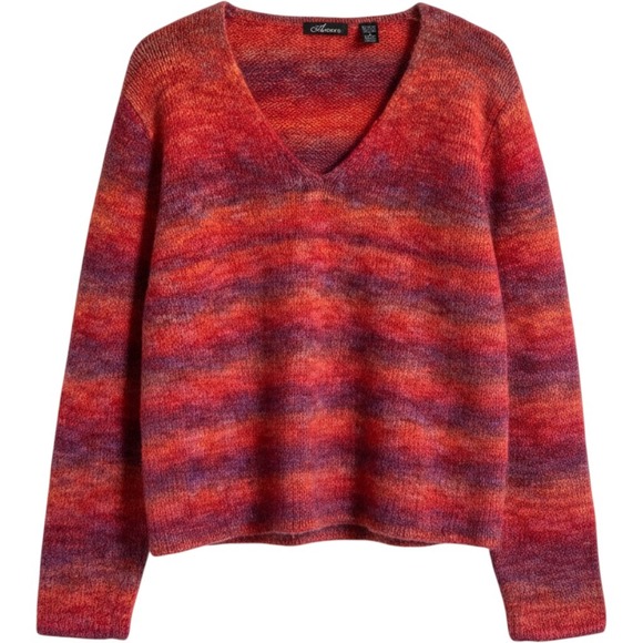 Amore Sweaters - Amore Womens Wool Mohair Blend Space Dye V-Neck Sweater Pink Orange Large